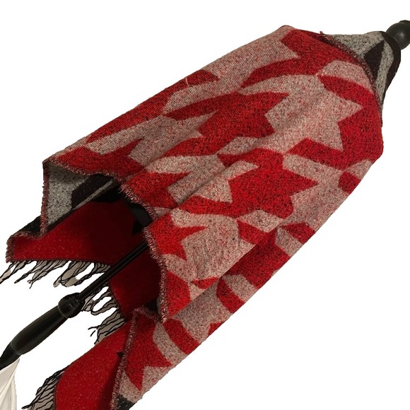 Express Red‎ and Dark Blue Geometric Patterned Shawl w Fringe - Picture 4 of 7